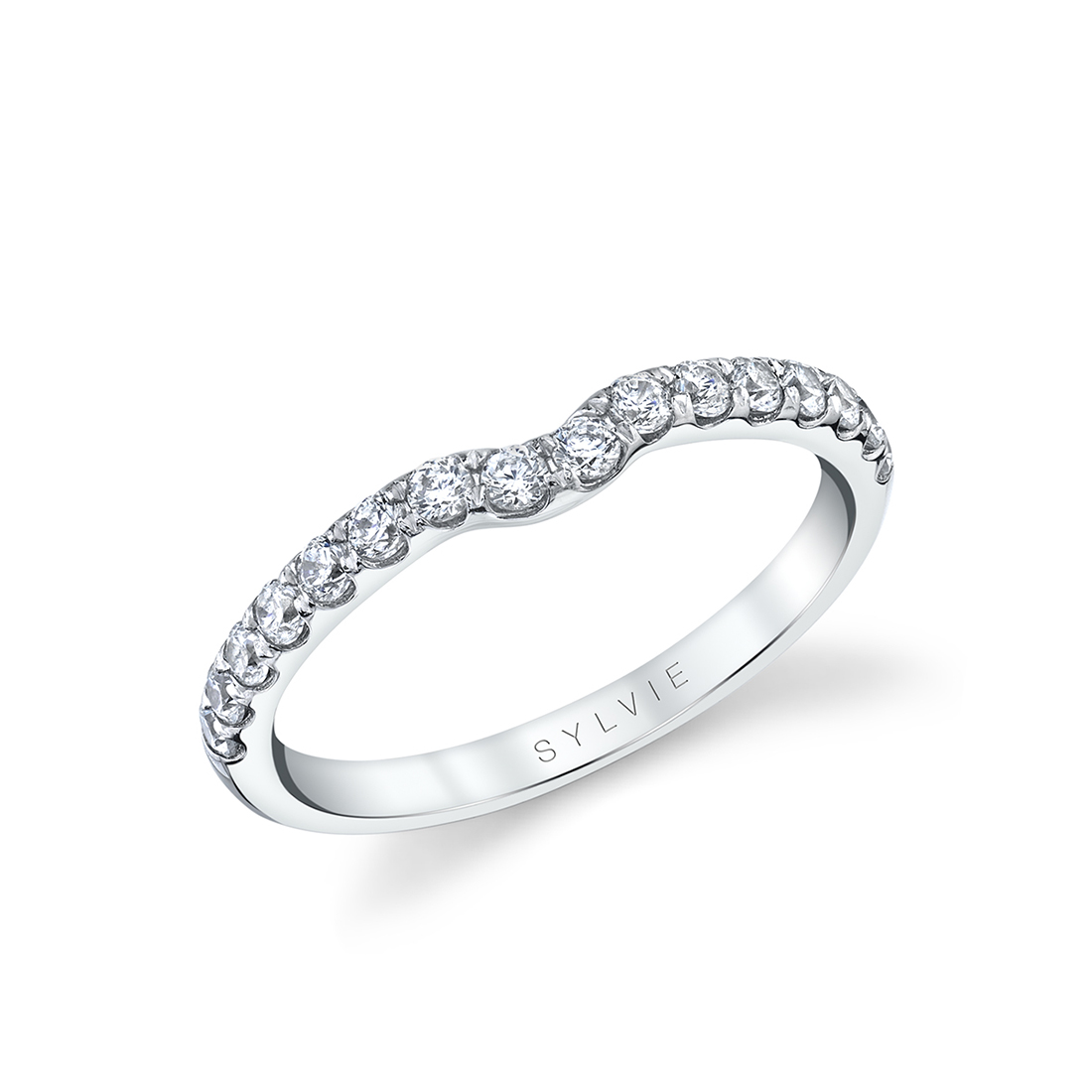 Curved Wedding Band - AAA Cubic Zirconia In Sterling Silver With White Gold Finish - Women's Size, LaszloV (Handmade, USA)