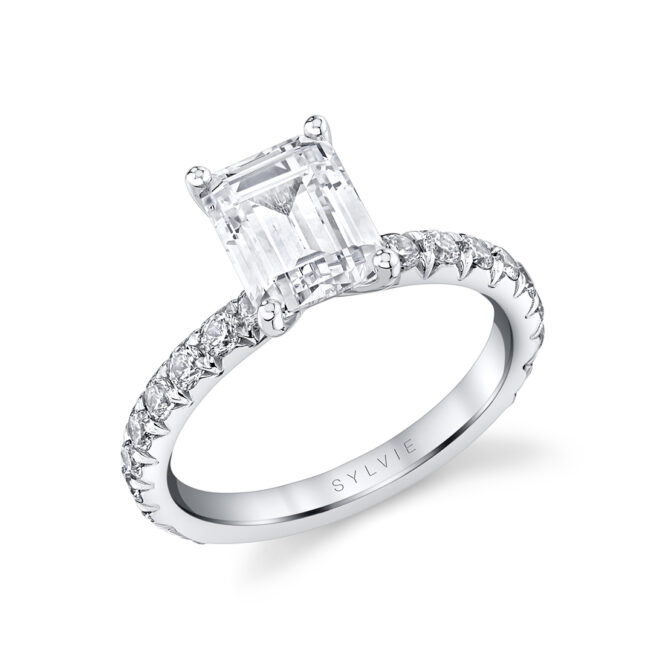 Emerald Cut White Gold Classic Wide Band Engagement Ring - Querida