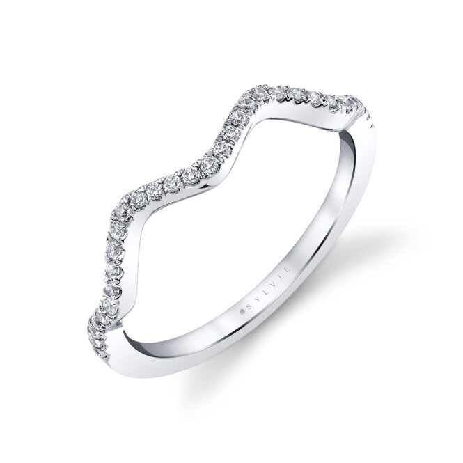 unique curved diamond wedding band in white gold