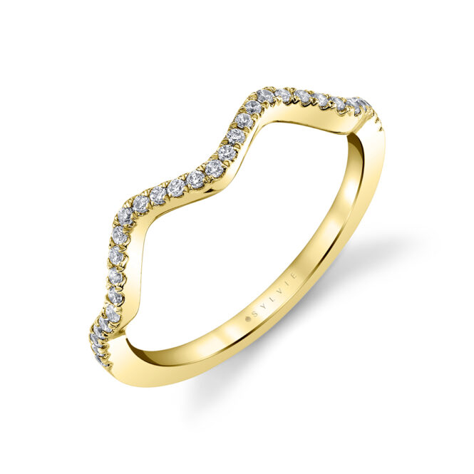 unique curved diamond wedding band in yellow gold