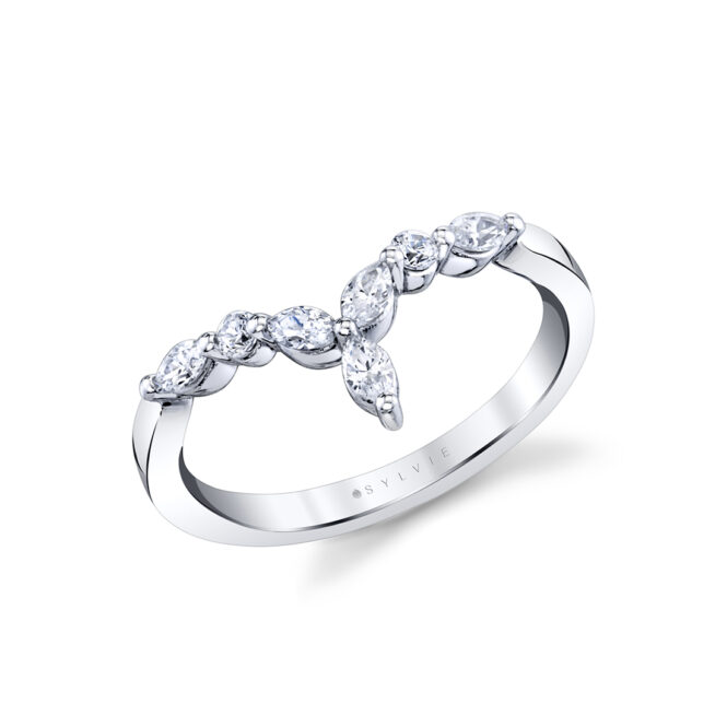 marquise and round curved wedding band in white gold