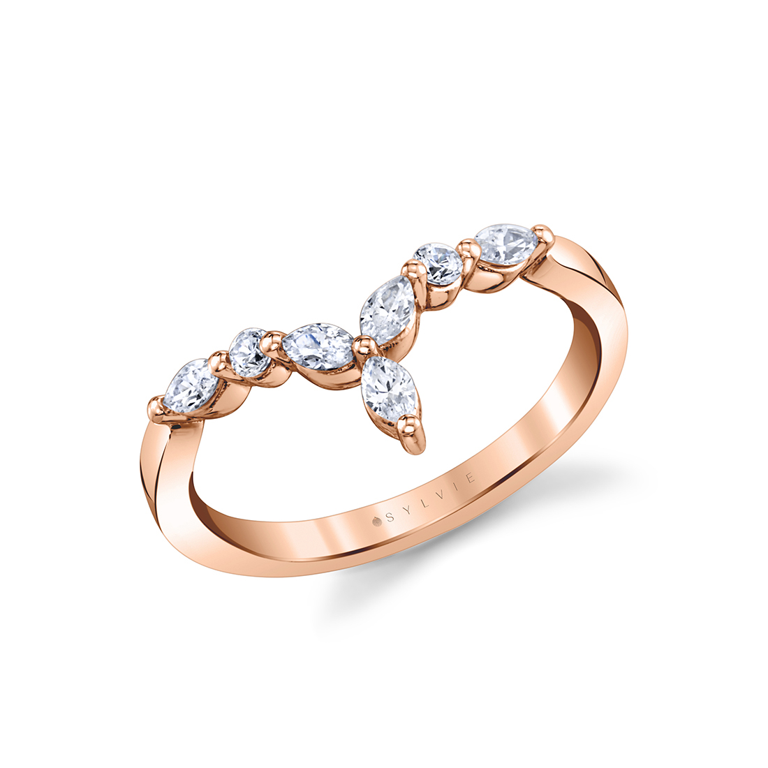 marquise and round curved wedding band in rose gold