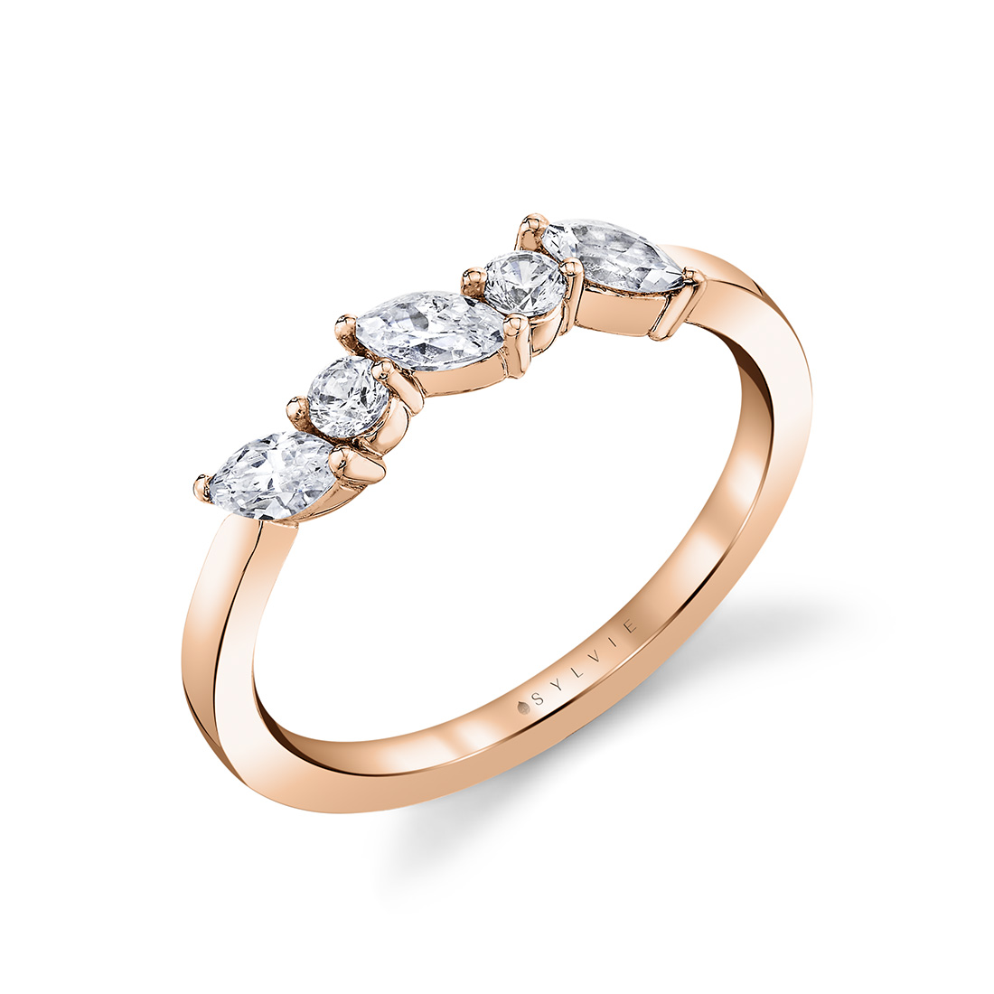 marquise and round slanted wedding ring in rose gold