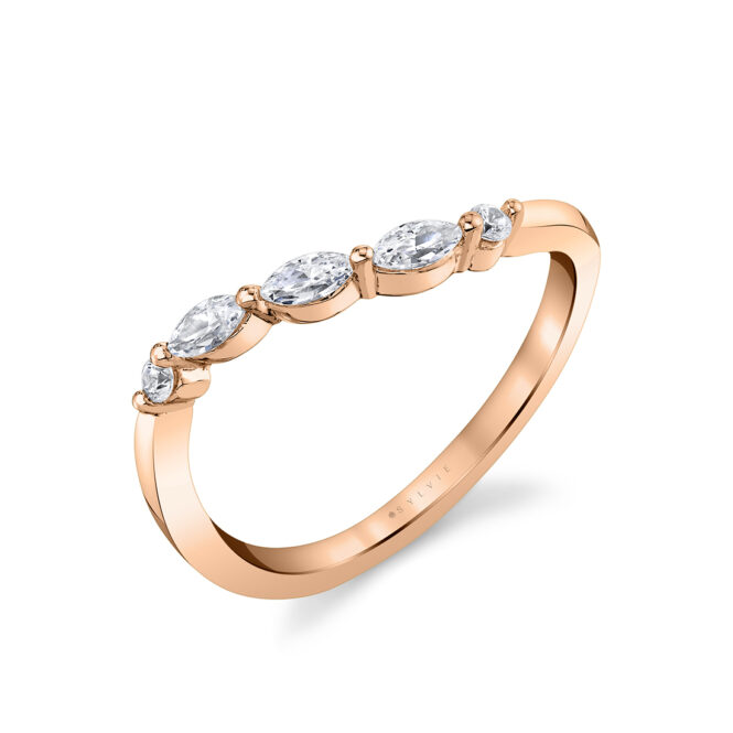 marquise and round curved wedding ring in rose gold