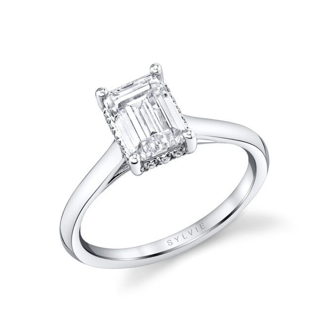 White Gold Emerald Cut Solitaire Hidden Halo Engagement Ring