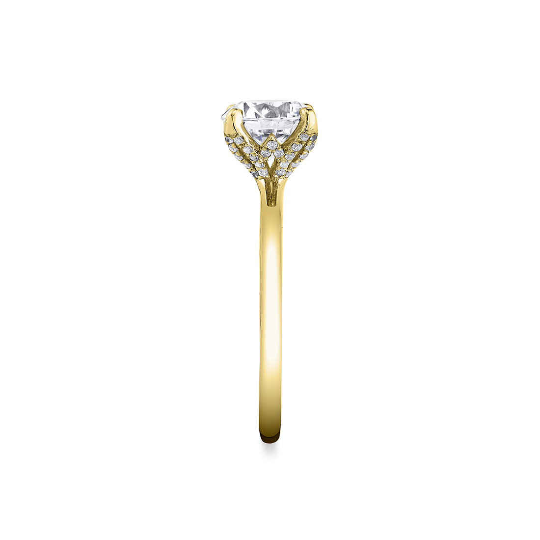 yellow gold solitaire diamond petal prong engagement ring side view