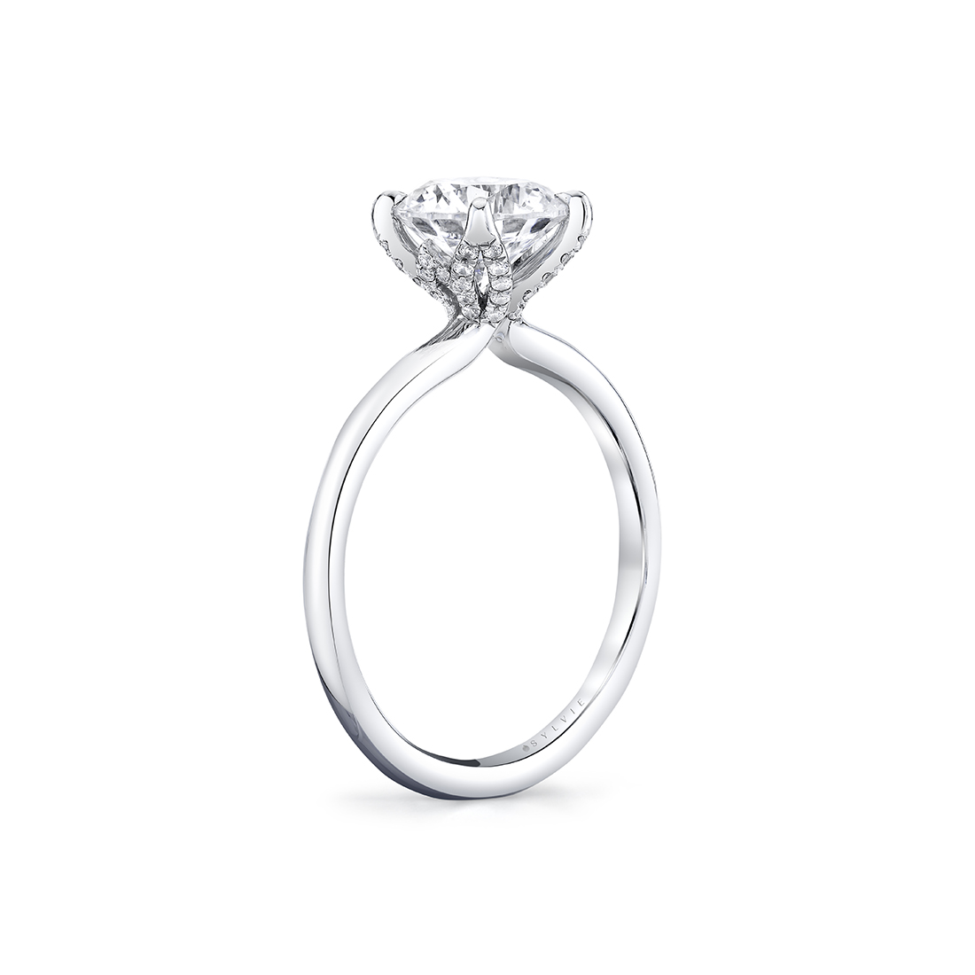 white gold diamond petal prong engagement ring turned view