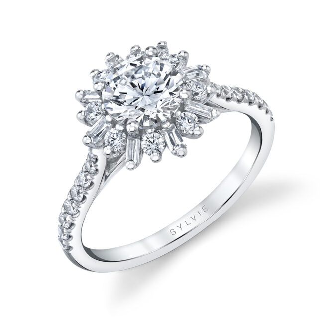 white gold floral halo engagement ring