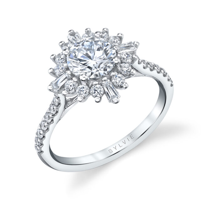 white gold floral halo engagement ring