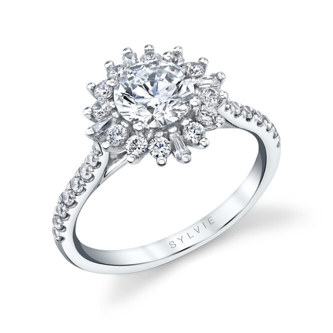 white gold floral halo engagement ring
