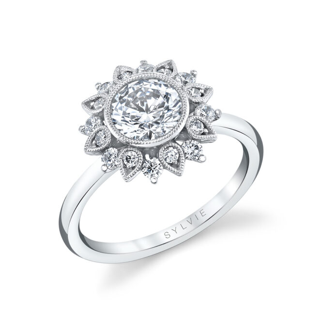 white gold solitaire floral halo engagement ring