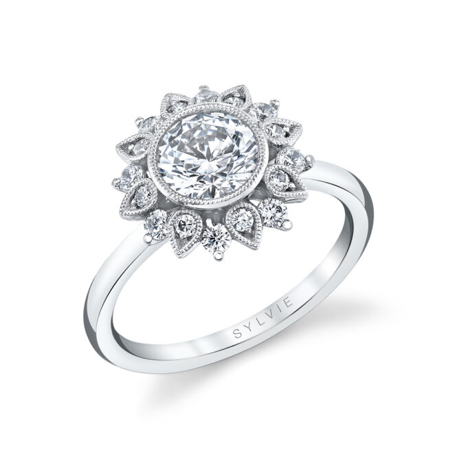 Round Cut White Gold Solitaire Floral Halo Engagement Ring - Carrie