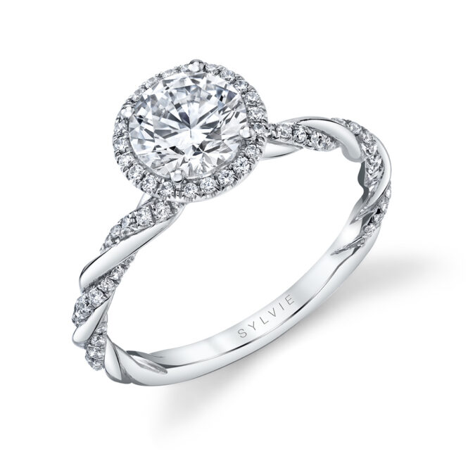 White Gold Round Cut Diamond Spiral Halo Engagement Ring