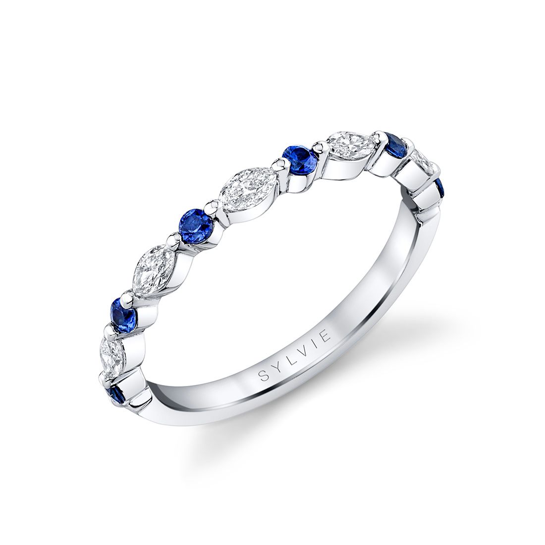 blue sapphire and diamond ring with marquise shaped diamonds