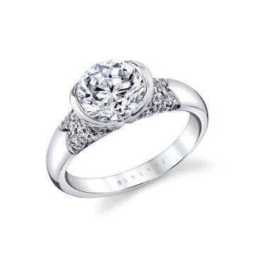 White Gold Shell Auranova Half Bezel Pavé Engagement Ring with Shell Tip Silhouettes - Faelina