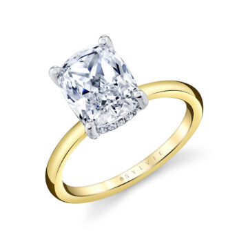White Gold/Yellow Gold Cushion Cut Solitaire Hidden Halo Engagement Ring - Elin