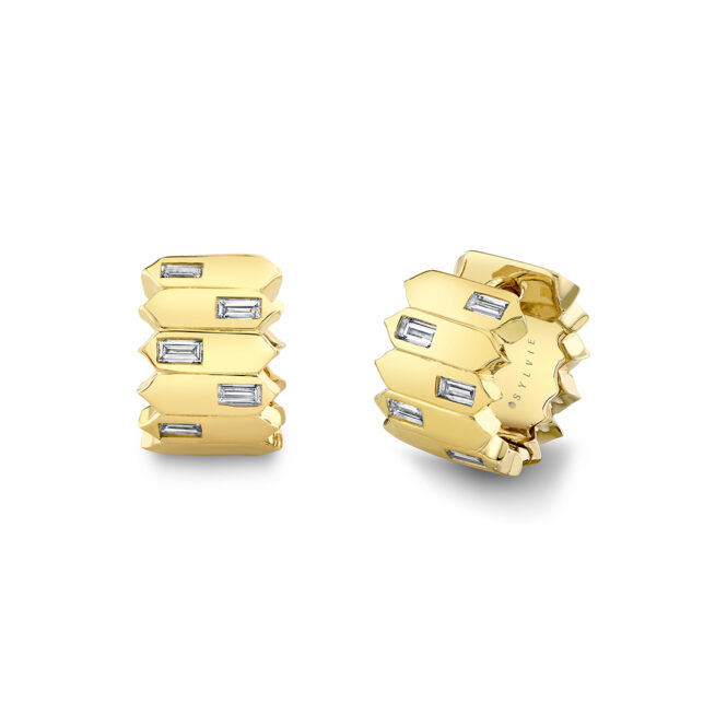 yellow gold bezel baguette diamond huggies