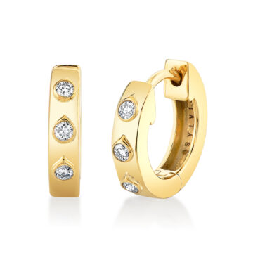Yellow Gold Shell Bezel Spaced Diamond Huggies