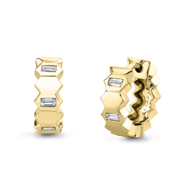 yellow gold bezel baguette diamond huggies