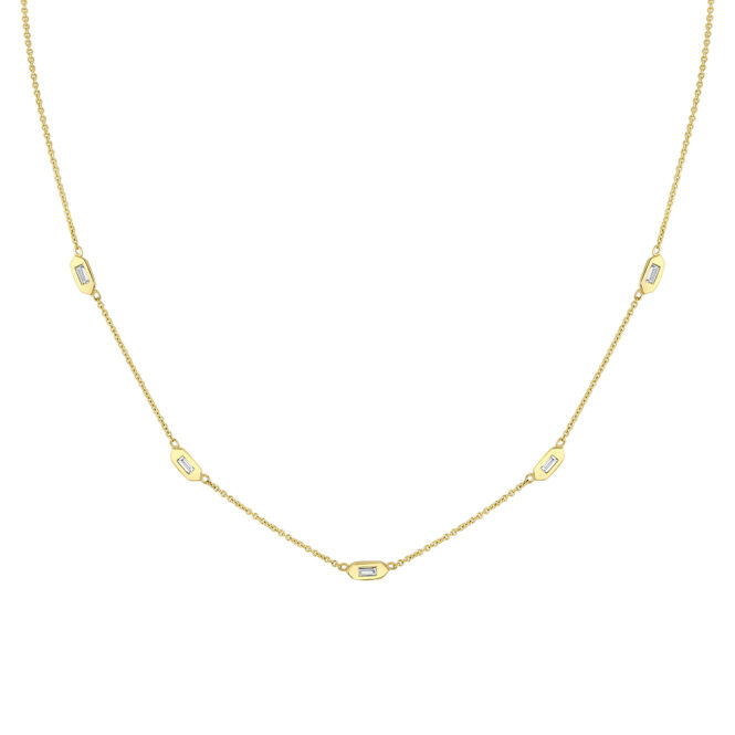 yellow gold bezel baguette diamonds necklace crop