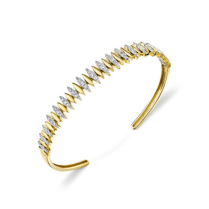 two tone leaf diamond bangle in yellow gold