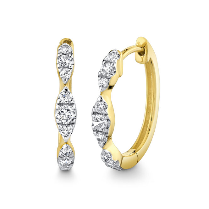 leaf diamond hoop earrings in yellow gold