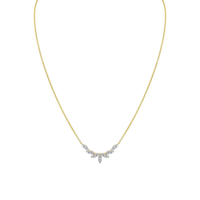 leaf curved diamond necklace in yellow gold