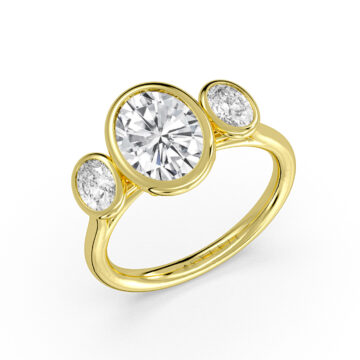 Yellow Gold Oval Cut Bezel Three Stone Engagement Ring - Ophelia