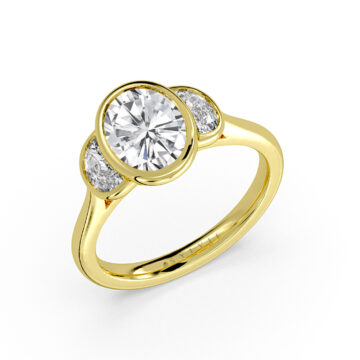 Yellow Gold Oval Cut Bezel Three Stone Engagement Ring with Half Moon Side Stones - Ottilie