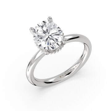 Yellow Gold Oval Cut Bead Hidden Halo Solitaire Engagement Ring - Marlowe