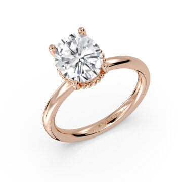 Yellow Gold Oval Cut Bead Hidden Halo Solitaire Engagement Ring - Marlowe
