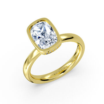 Yellow Gold Cushion Cut Bezel Solitaire Engagement Ring with Hidden Halo - Elaine