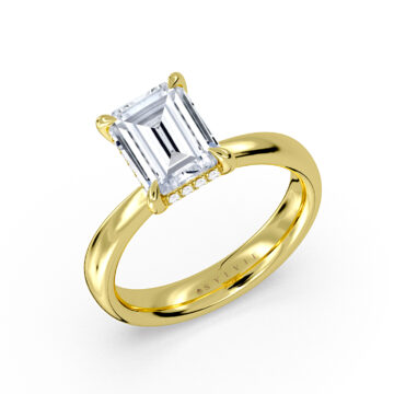 Yellow Gold Emerald Cut Tapered Solitaire Engagement Ring with Hidden Halo - Maggie