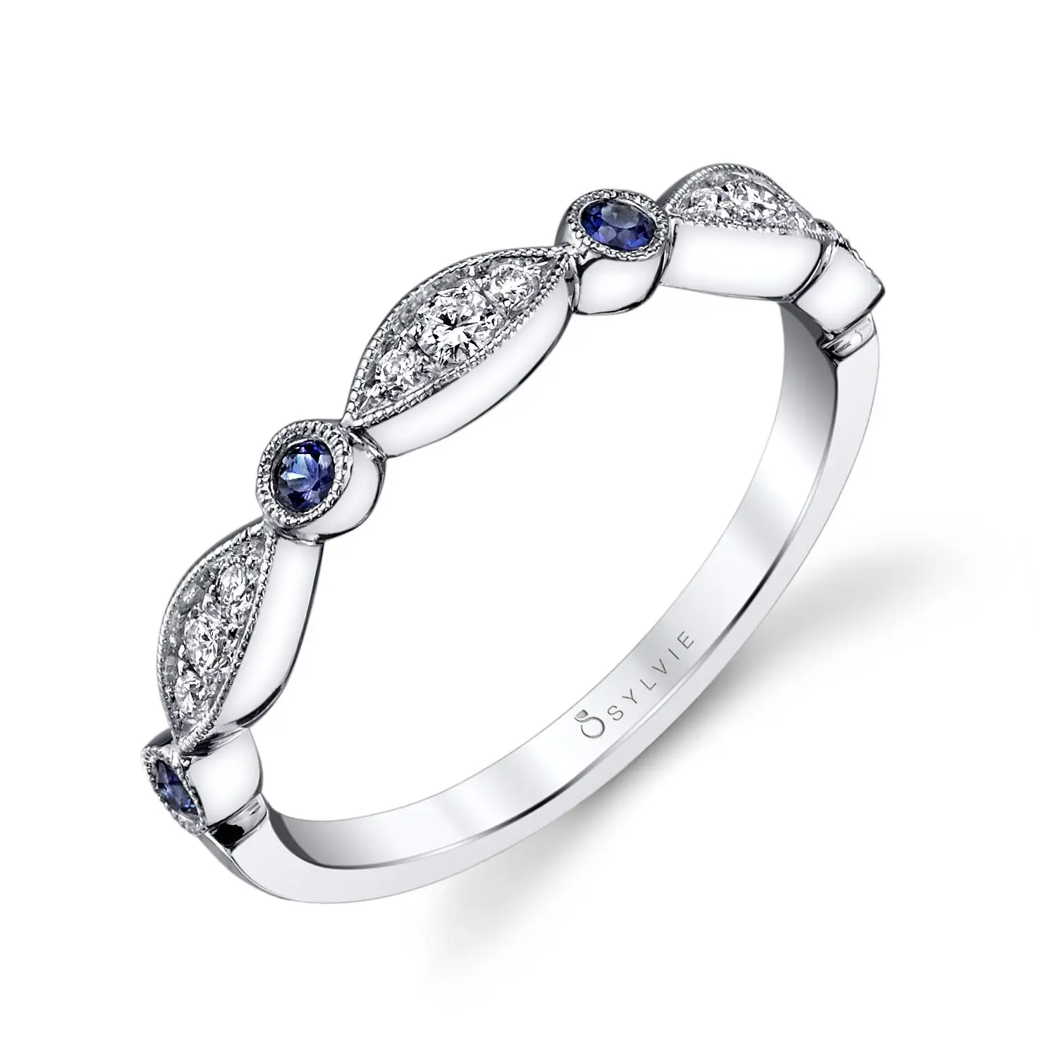 Talia - Blue Sapphire and Diamond Vintage Wedding Band