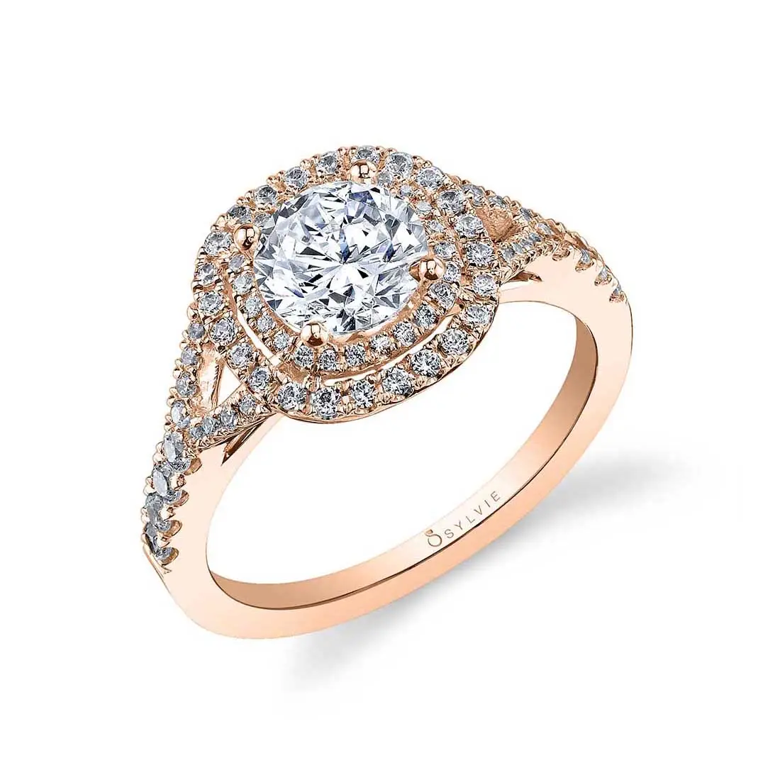 White Gold Round Cut  Double Cushion Halo Engagement Ring- Rose - Profile View
