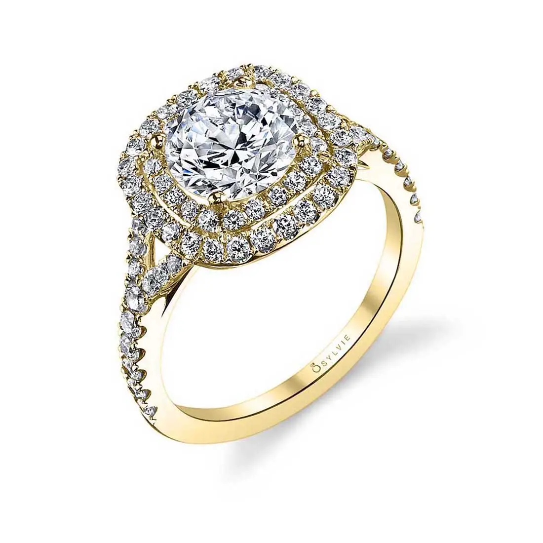 White Gold Round Cut Double Cushion Halo Engagement Ring - Marielle - Profile View