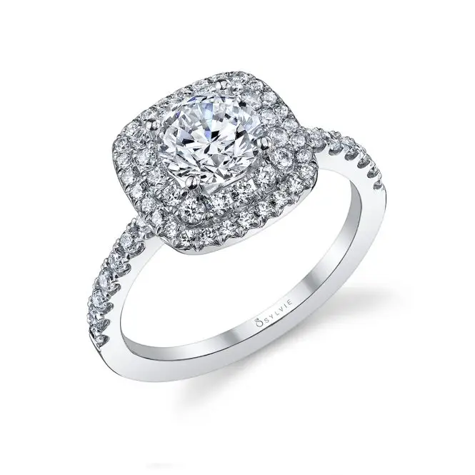 White Gold Round Cut Classic Double Cushion Halo Engagement Ring
