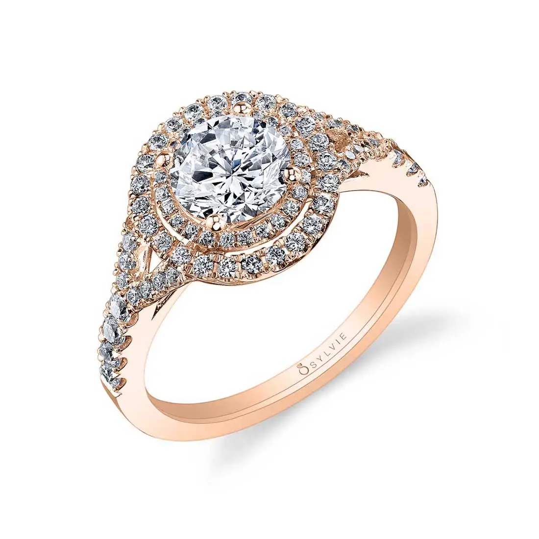 White Gold Round Cut Double Halo Engagement Ring - Rose - Profile View