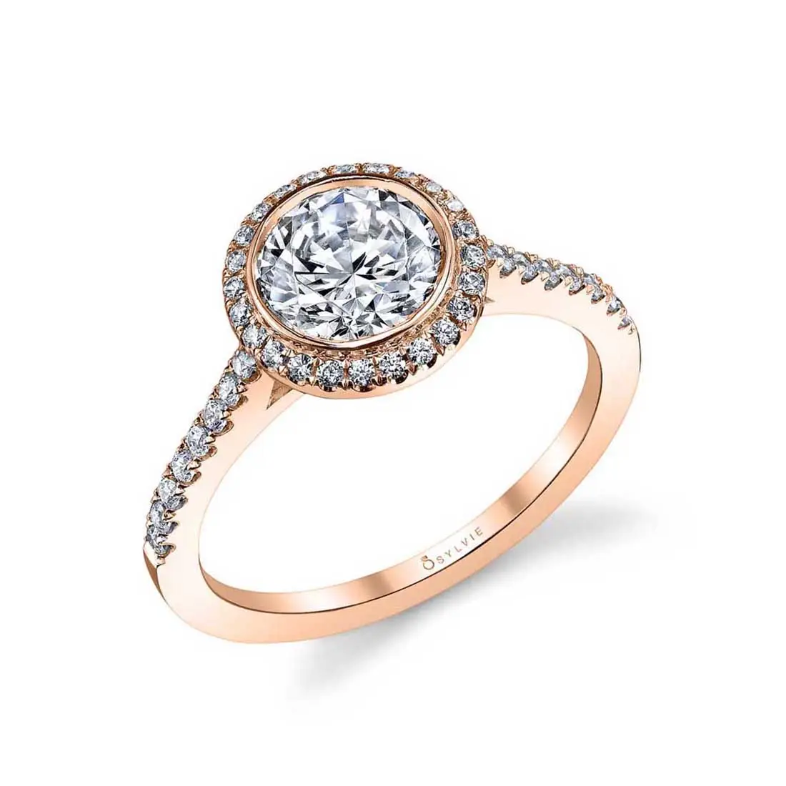 White Gold Round Cut Modern Bezel Halo Engagement Ring - Anita - Profile View