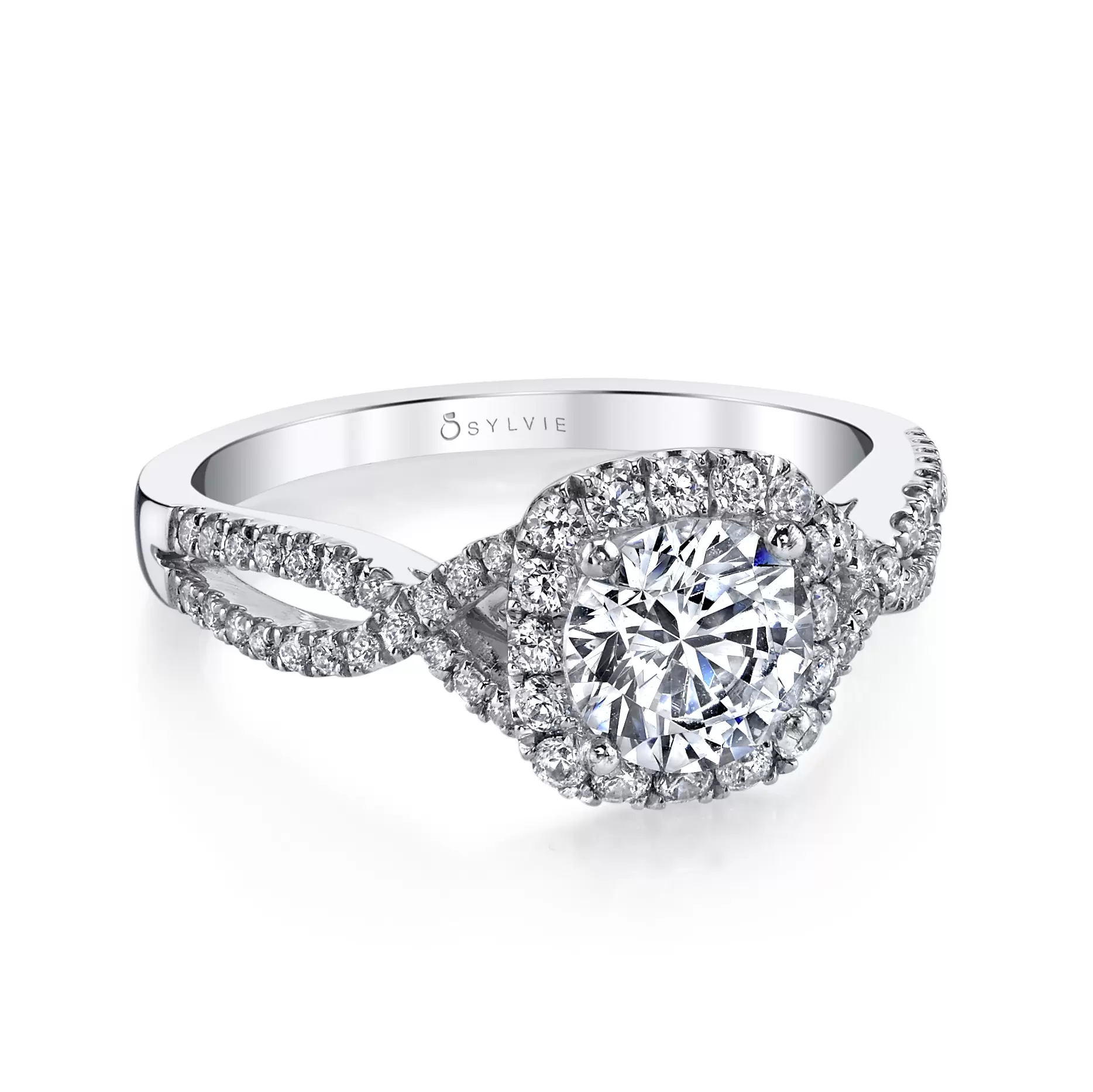 White Gold Round Cut Classic Spiral Cushion Halo Engagement Ring - Faustine - Profile View