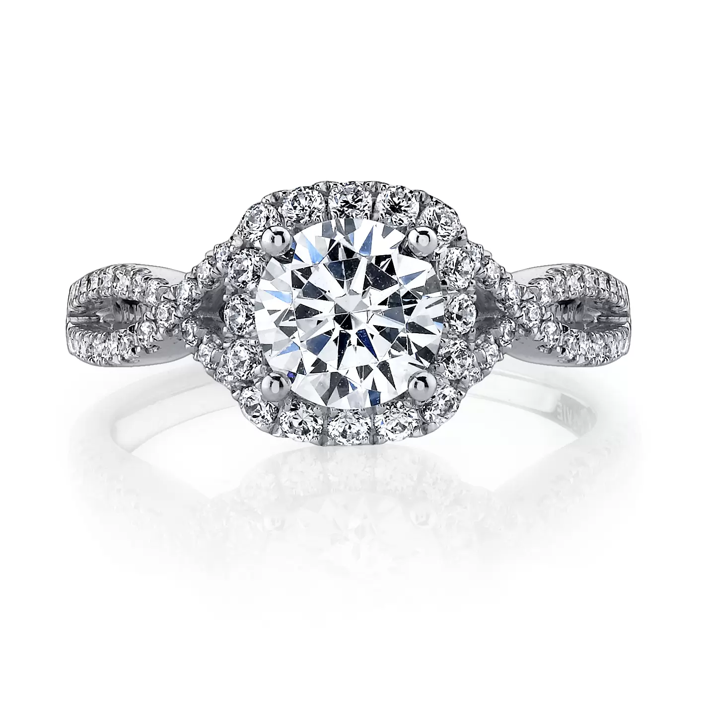 White Gold Round Cut Classic Spiral Cushion Halo Engagement Ring - Faustine - Profile View