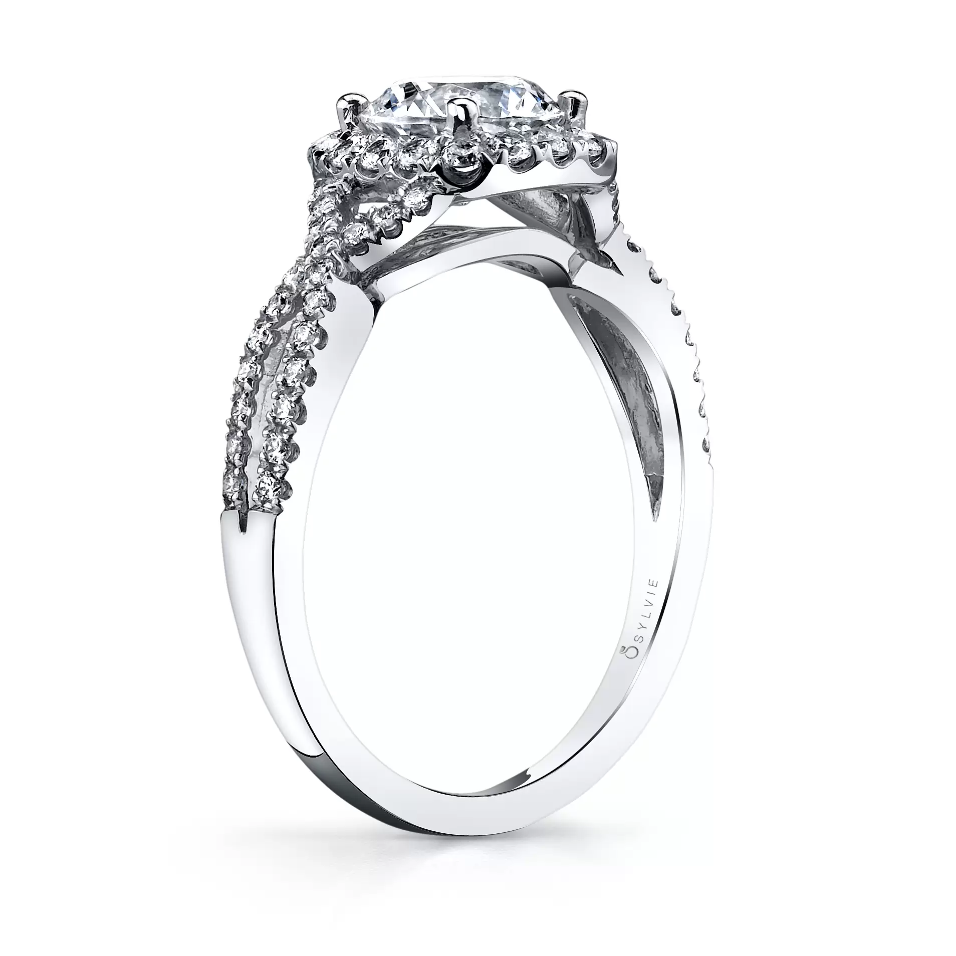 White Gold Round Cut Classic Spiral Cushion Halo Engagement Ring - Faustine