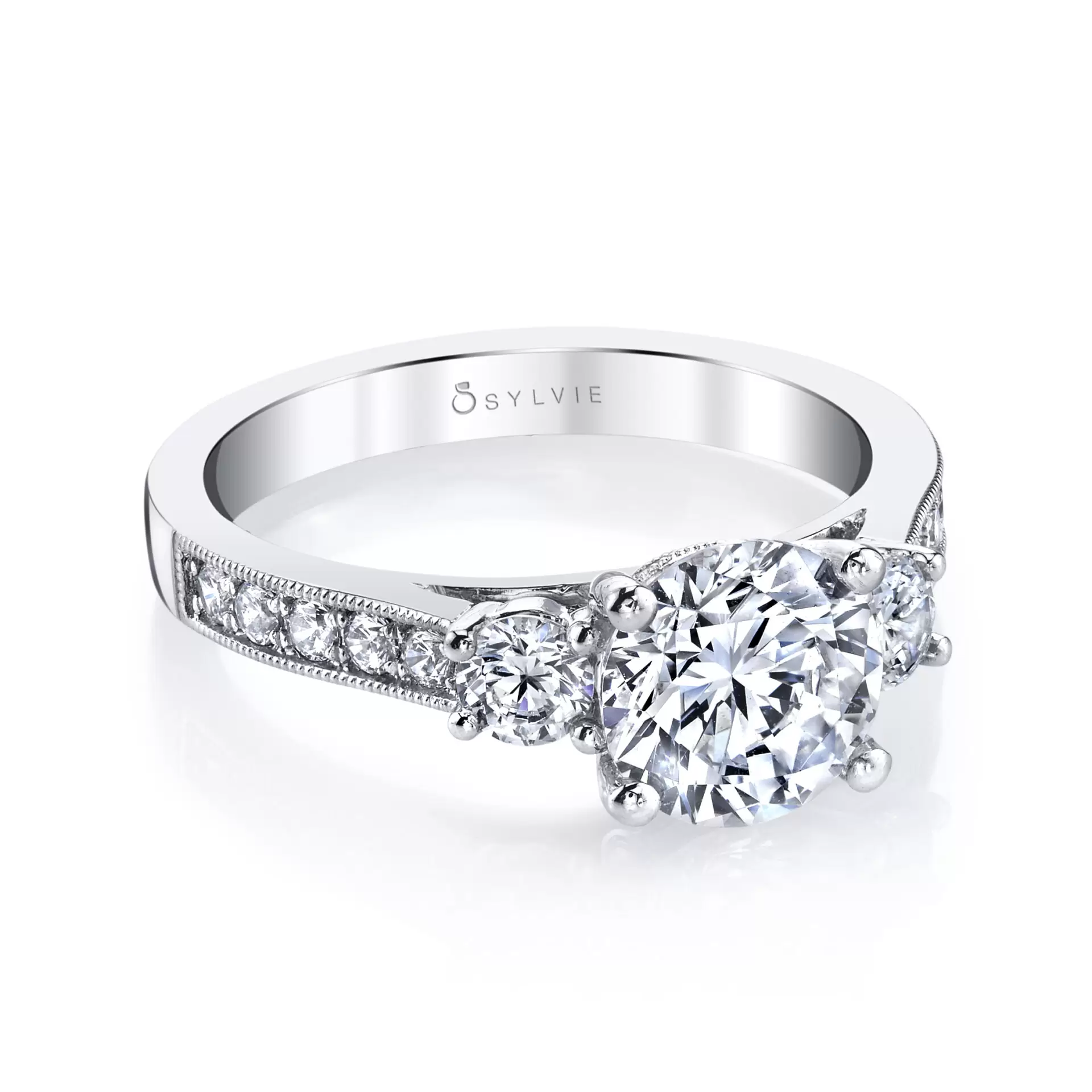 White Gold Round Cut Vintage Inspired Three Stone Engagement Ring - Noella - Profile View