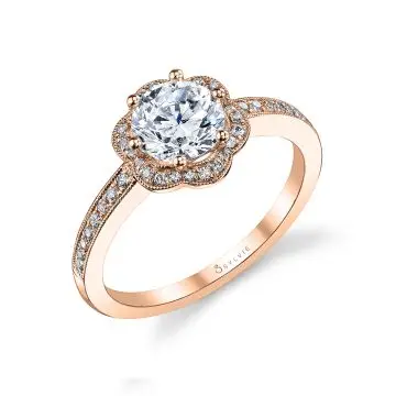 White Gold Round Cut Flower Halo Engagement Ring - Lilian