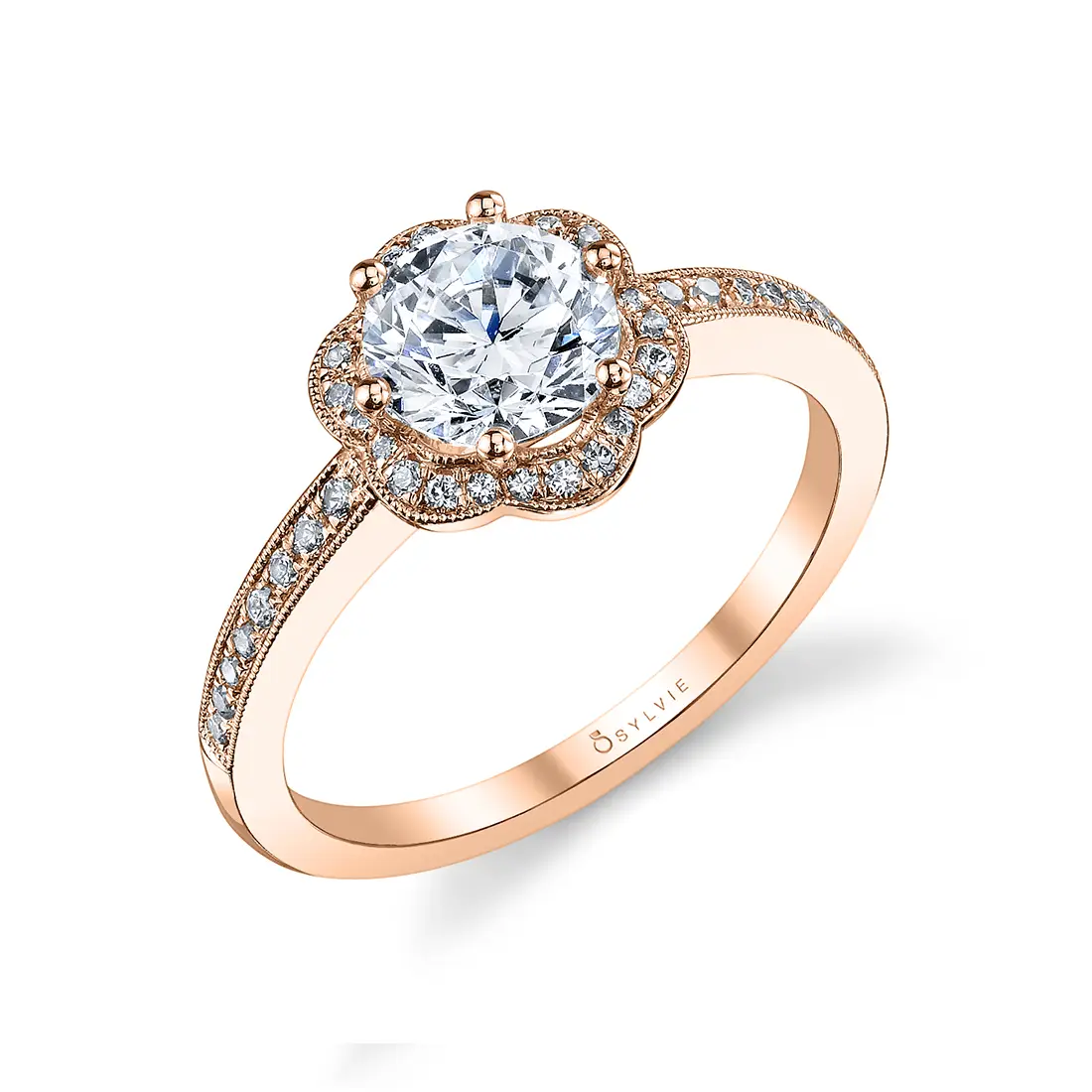 White Gold Round Cut Flower Halo Engagement Ring - Lilian - Profile View