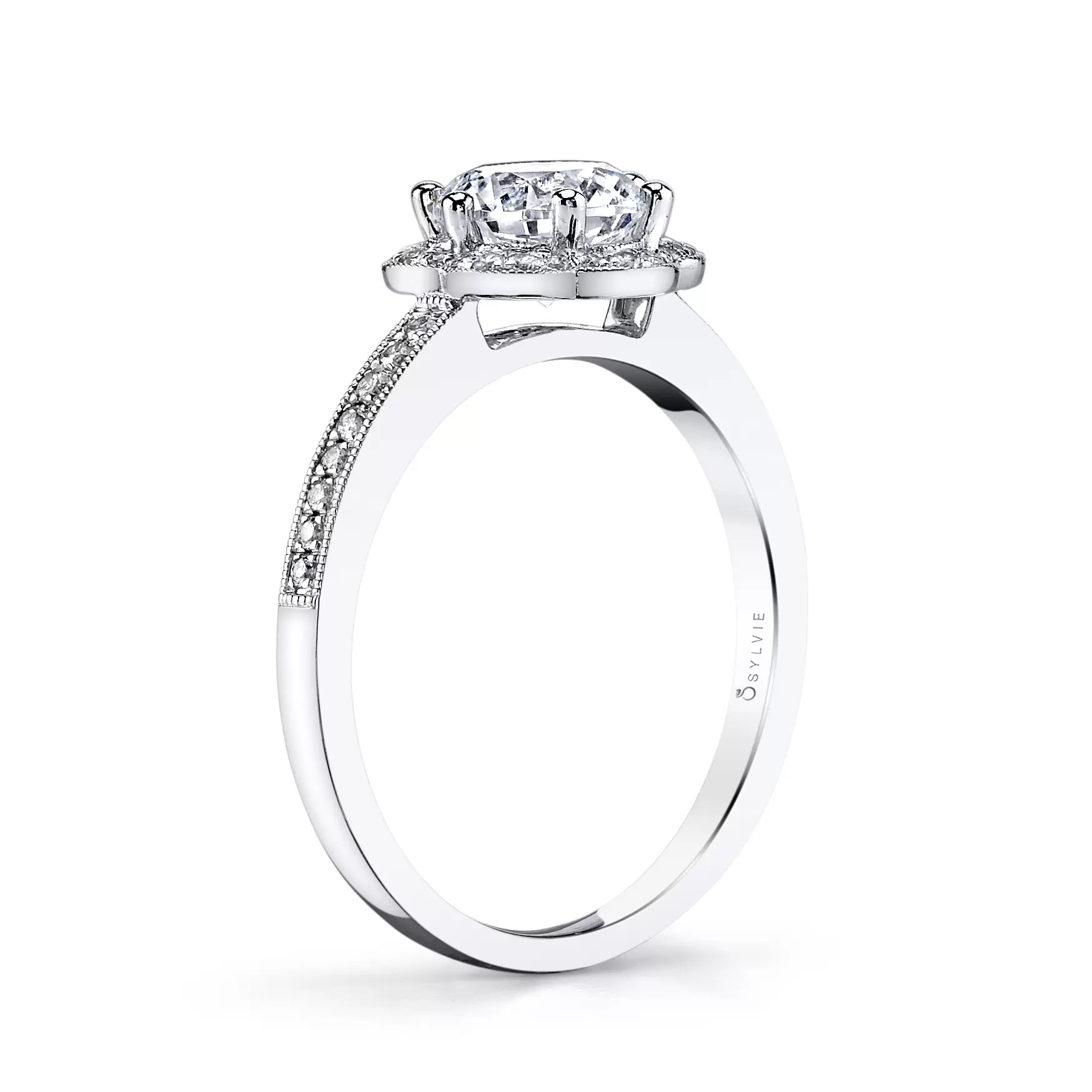 White Gold Round Cut Flower Halo Engagement Ring - Lilian