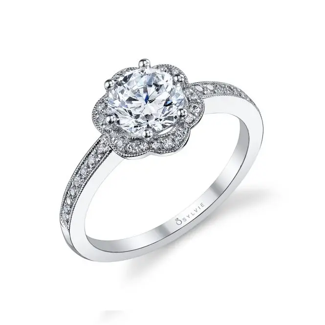 Round Cut White Gold Flower Halo Engagement Ring - Lilian