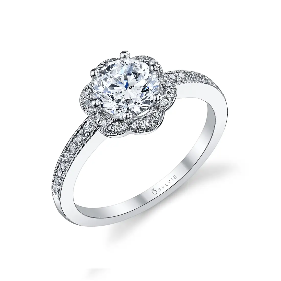 Round Cut Flower Halo Engagement Ring Lilian Sylvie Jewelry