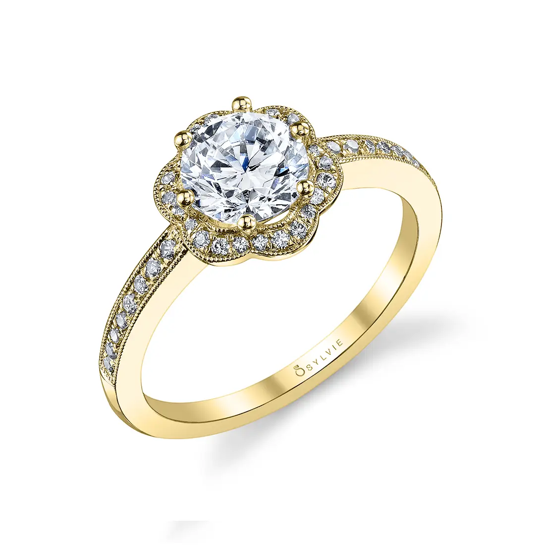 White Gold Round Cut Flower Halo Engagement Ring - Lilian - Profile View