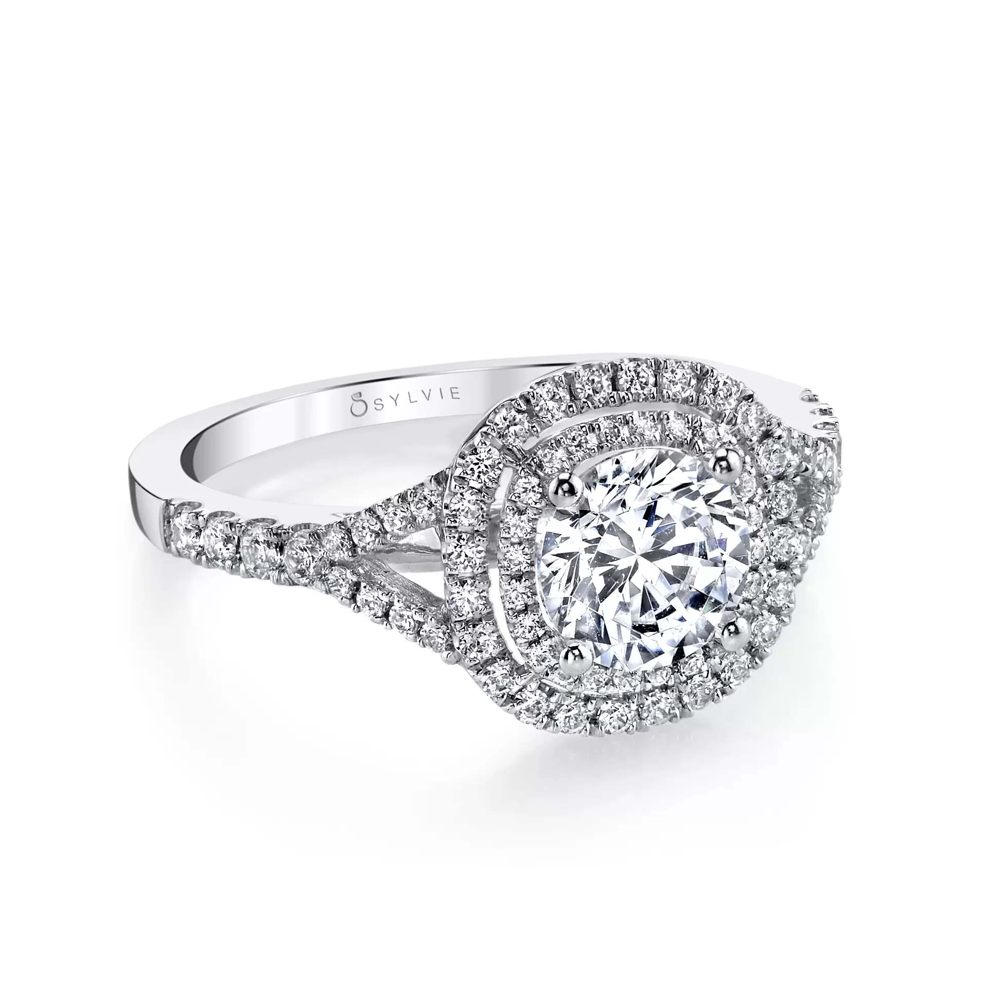 White Gold Round Cut  Double Cushion Halo Engagement Ring- Rose - Profile View